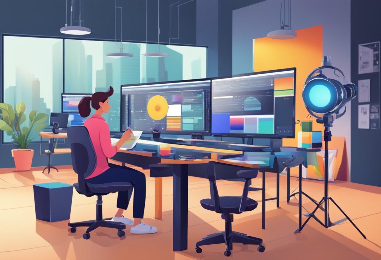 A vibrant and dynamic animation studio with modern equipment and a team of creative professionals working on corporate explainer videos