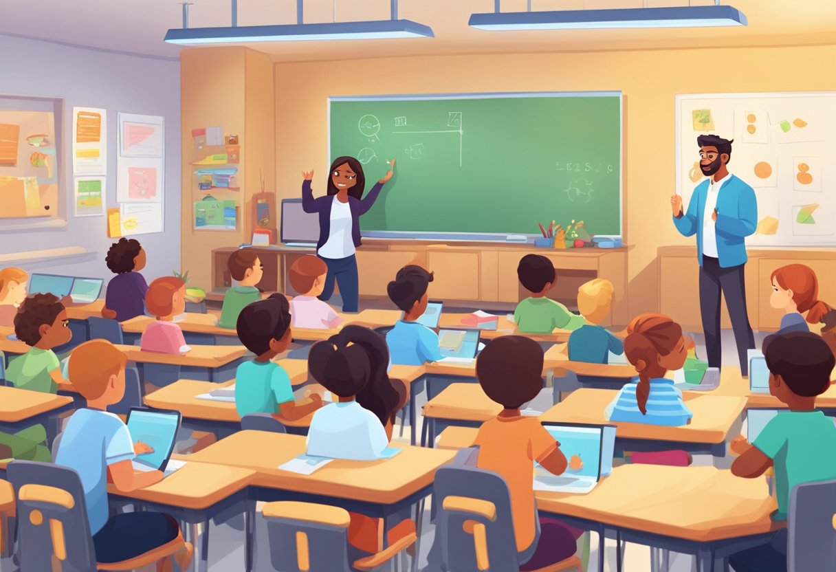 A classroom filled with animated characters teaching students various subjects through engaging visuals and interactive lessons