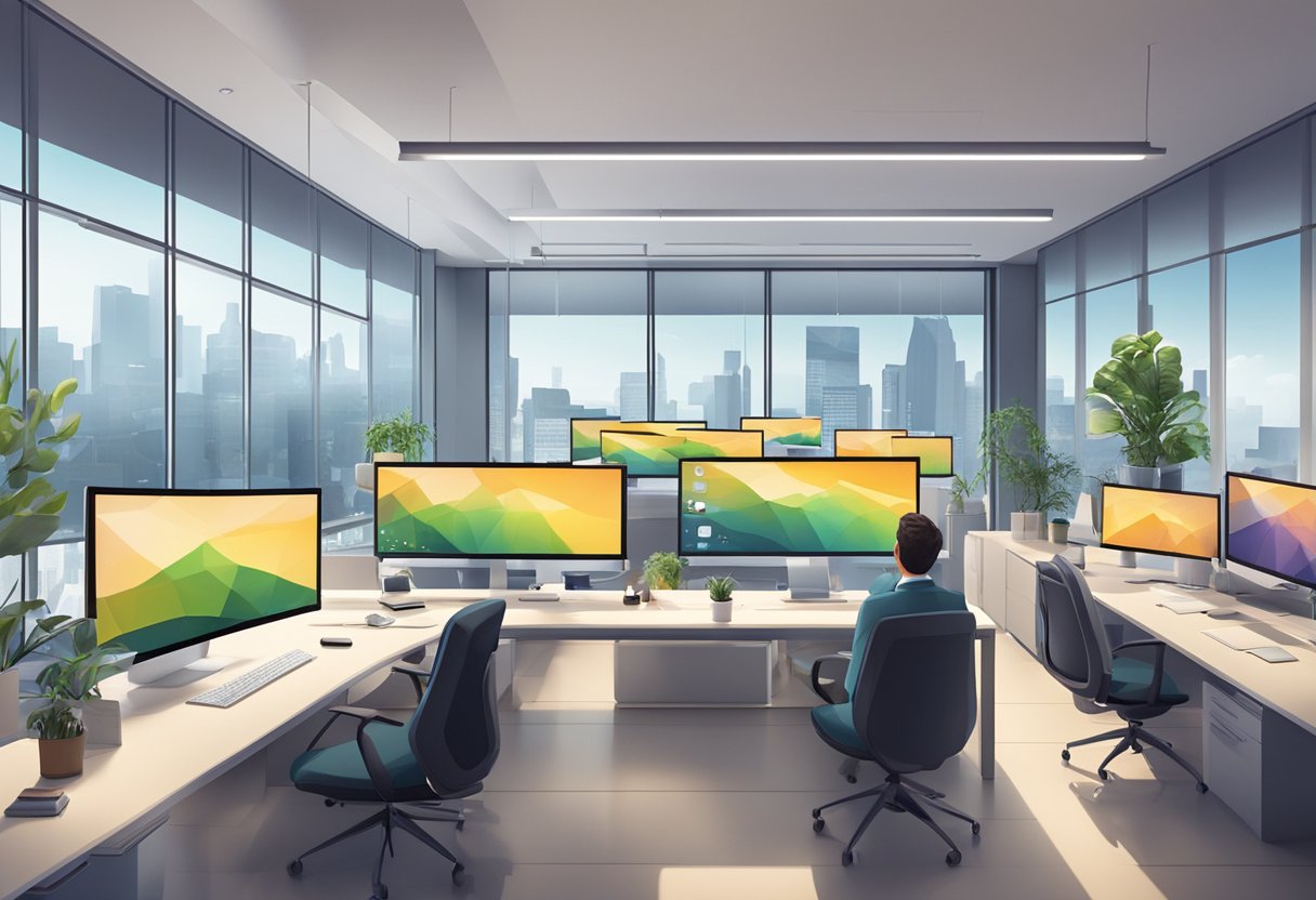 A sleek, modern office setting with a large screen displaying a dynamic animated video. The room is filled with creative energy and professional collaboration