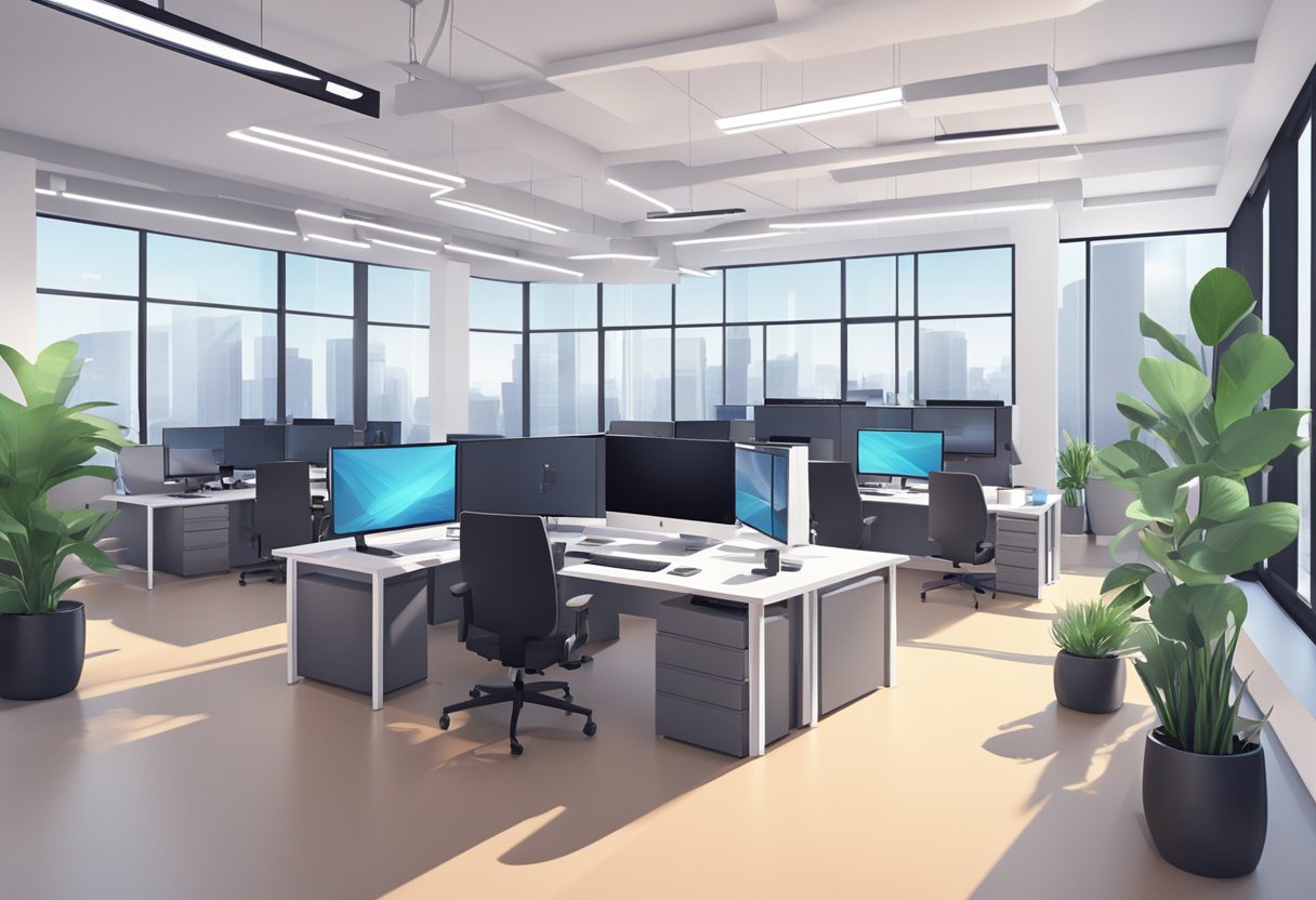 A sleek, modern office space with cutting-edge animation equipment and a team of professionals working on advanced corporate animation projects