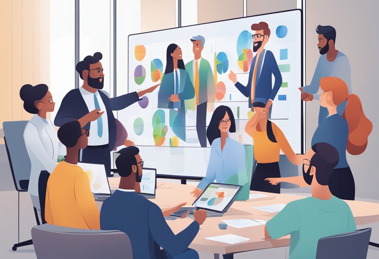 A group of diverse professionals gather around a large screen displaying a corporate animation. They are engaged in discussion, gesturing and pointing at the screen