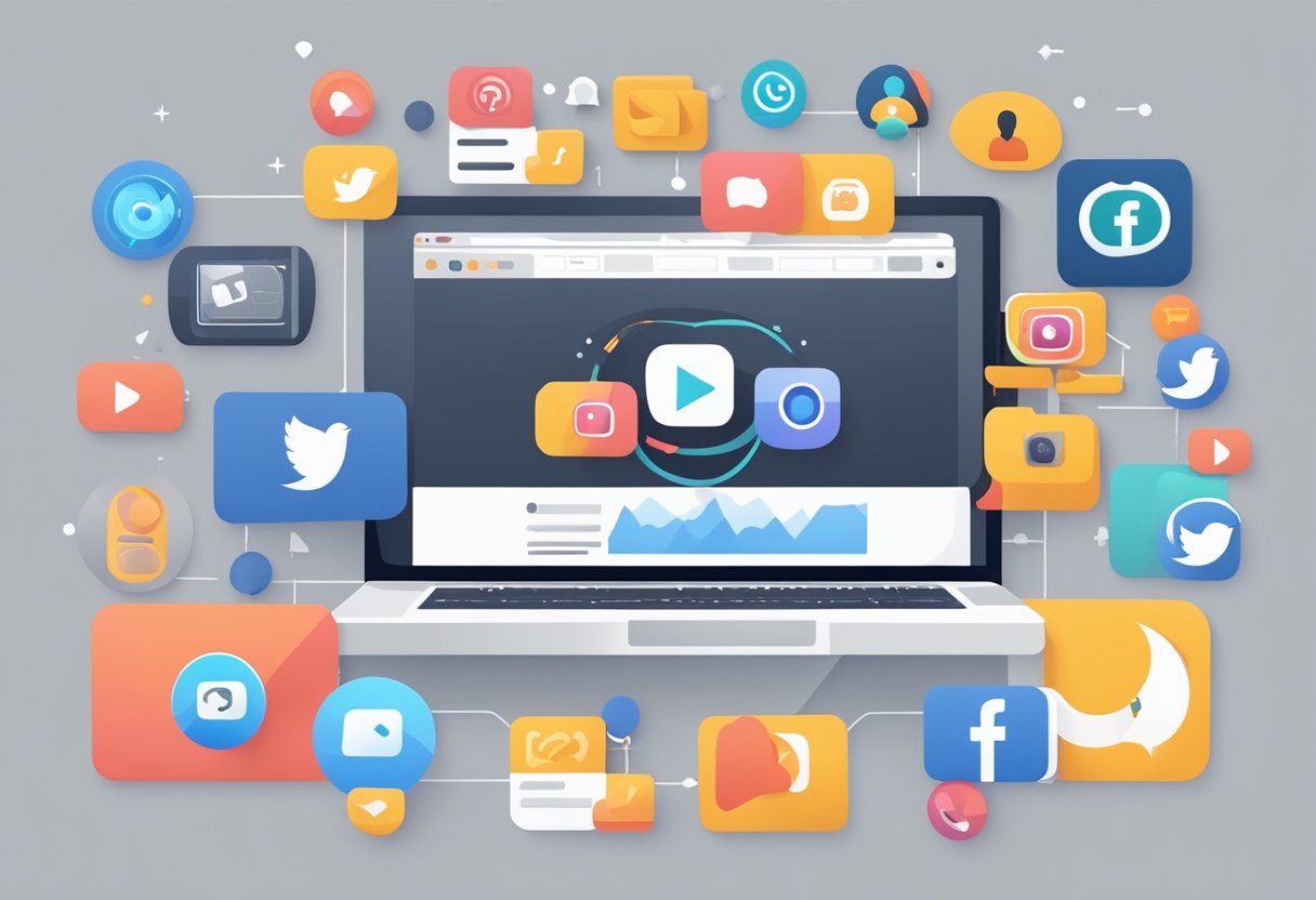 A laptop displaying a video with animated graphics, surrounded by various social media icons and engagement metrics