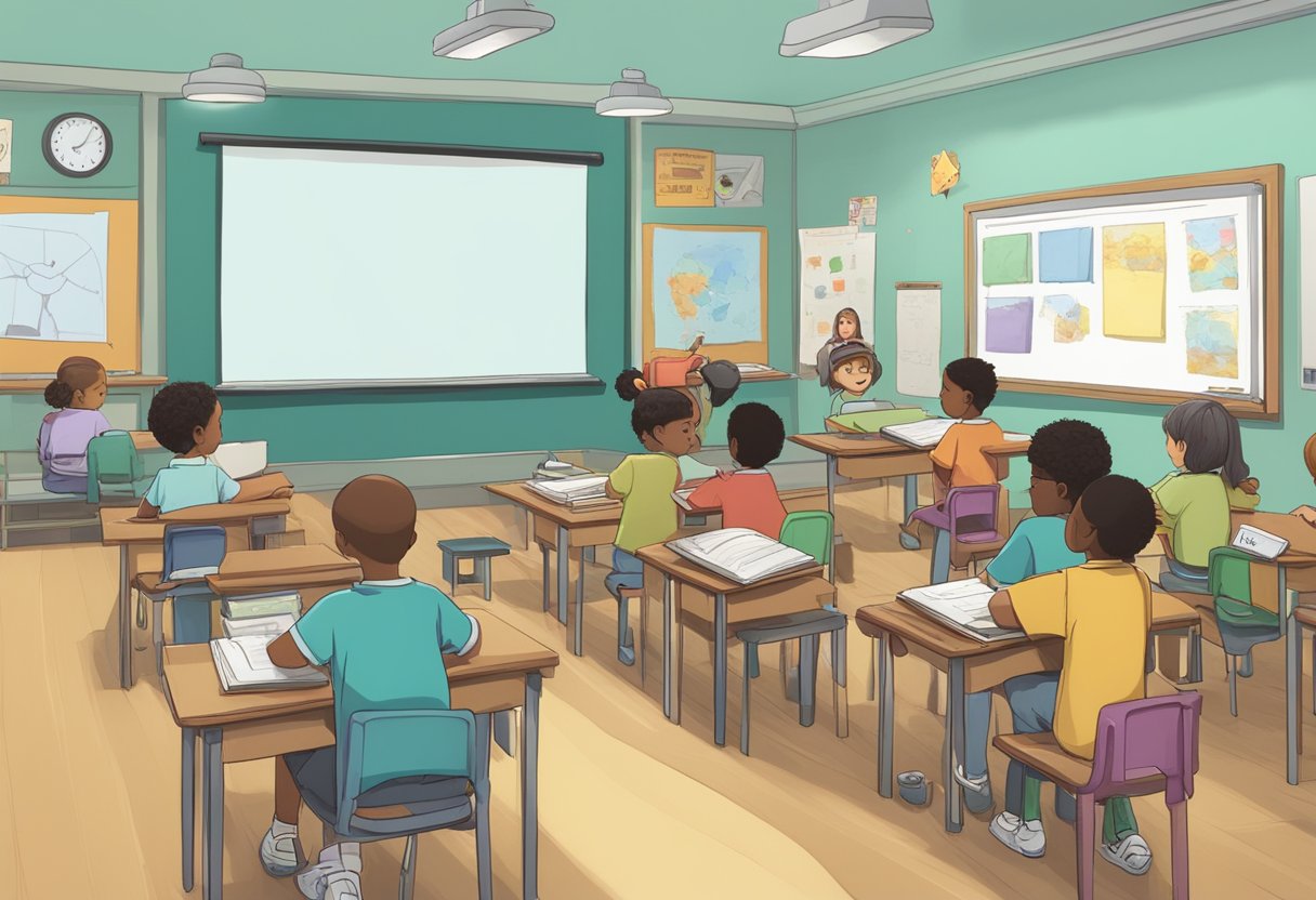 An animated character interacts with live-action props and digital elements in a classroom setting