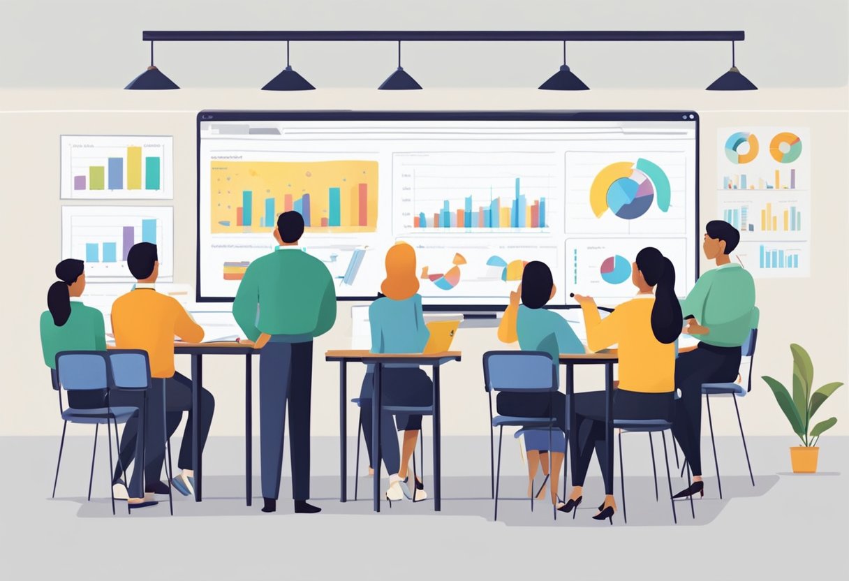 A group of educators watch an animated video, nodding and taking notes. Charts and graphs on the wall measure effectiveness and reception