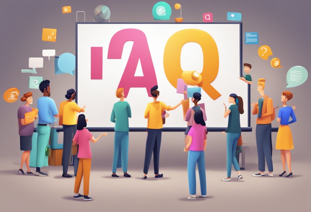 A group of animated characters gather around a large FAQ sign, pointing and discussing. The background shows a studio setting with animation equipment