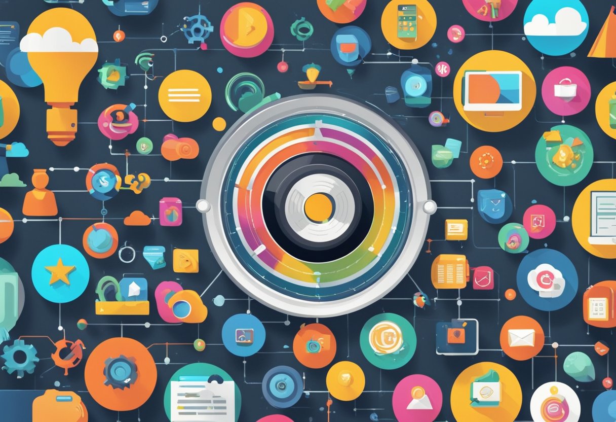 A colorful animation reel surrounded by various digital marketing icons and symbols