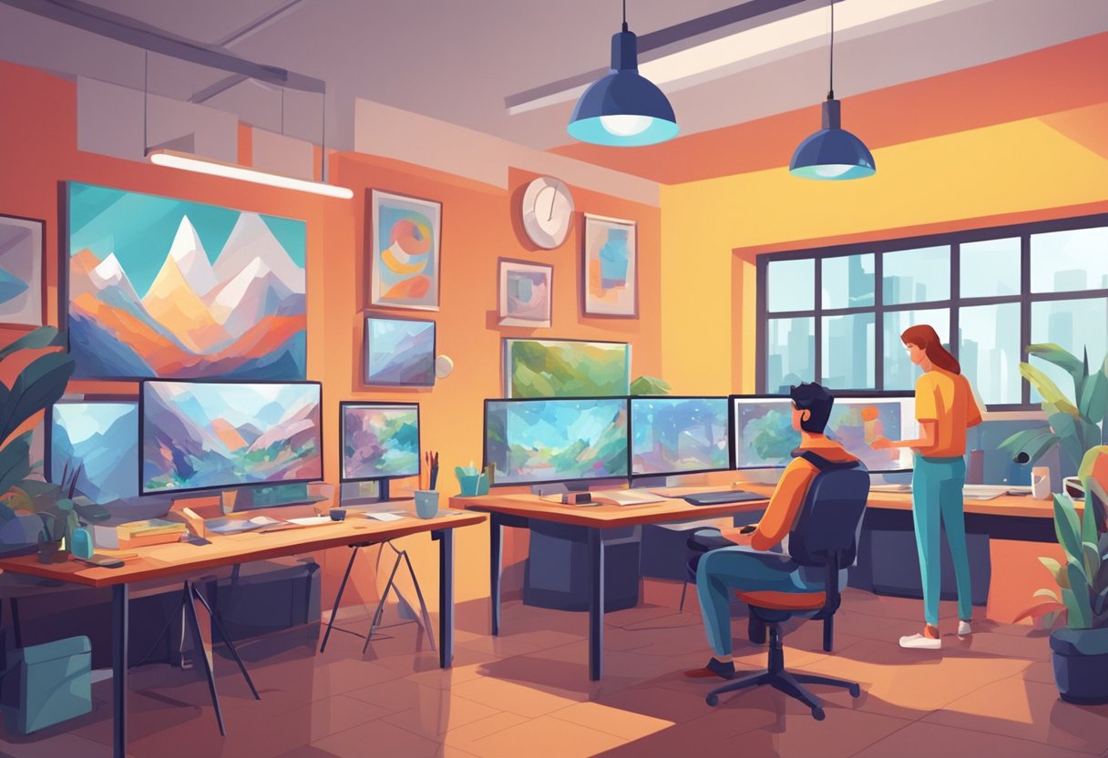 A colorful animation studio with professional equipment and a team of talented artists working on various projects