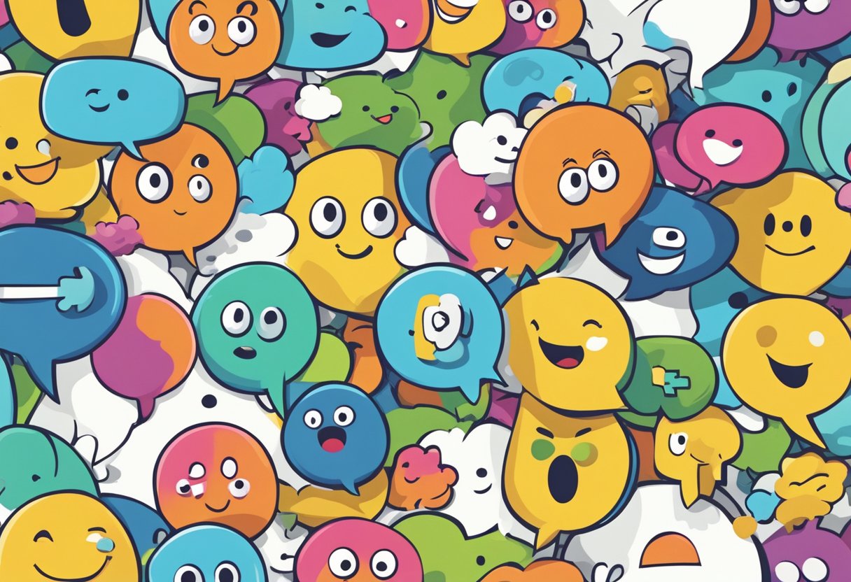 A stack of colorful, animated characters with speech bubbles, surrounded by question marks and exclamation points