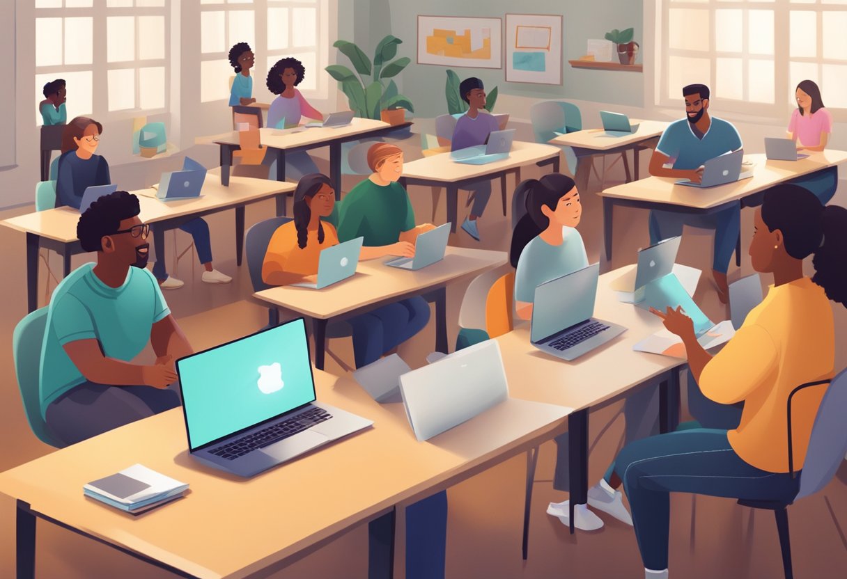 A diverse group of students engage with interactive educational animations on various devices in a well-lit, comfortable space