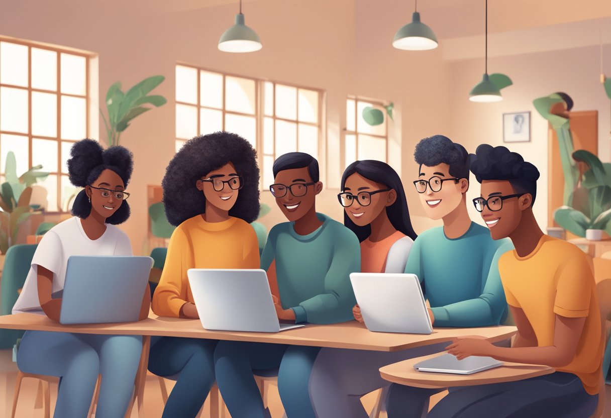 A diverse group of students engage with animated videos on tablets and laptops, each interacting with the content in their own unique way