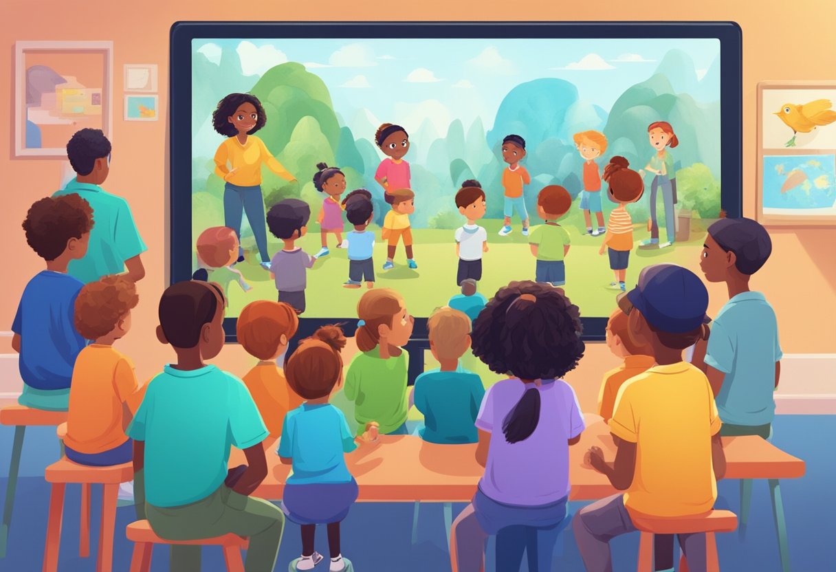 A diverse group of children engrossed in watching interactive educational animations on a large screen, with colorful graphics and engaging characters