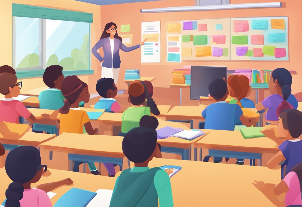 A colorful, animated classroom setting with a teacher and students engaging in interactive teaching methods for frequently asked questions