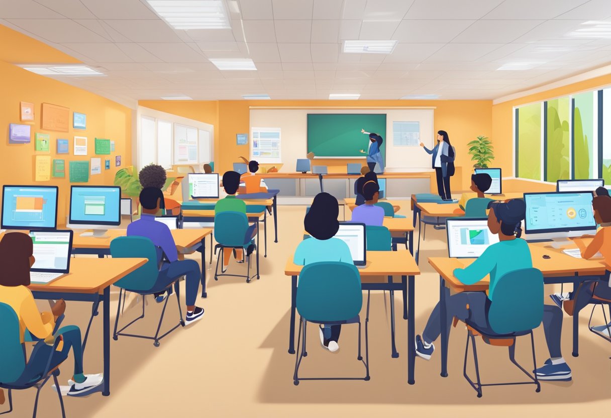 A digital classroom with animated characters showcasing various skills, while a certification assessment is being conducted