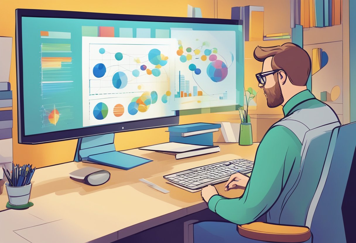 An animation consultant presenting educational content through colorful and engaging visuals, using various tools and technology to create dynamic and informative animations