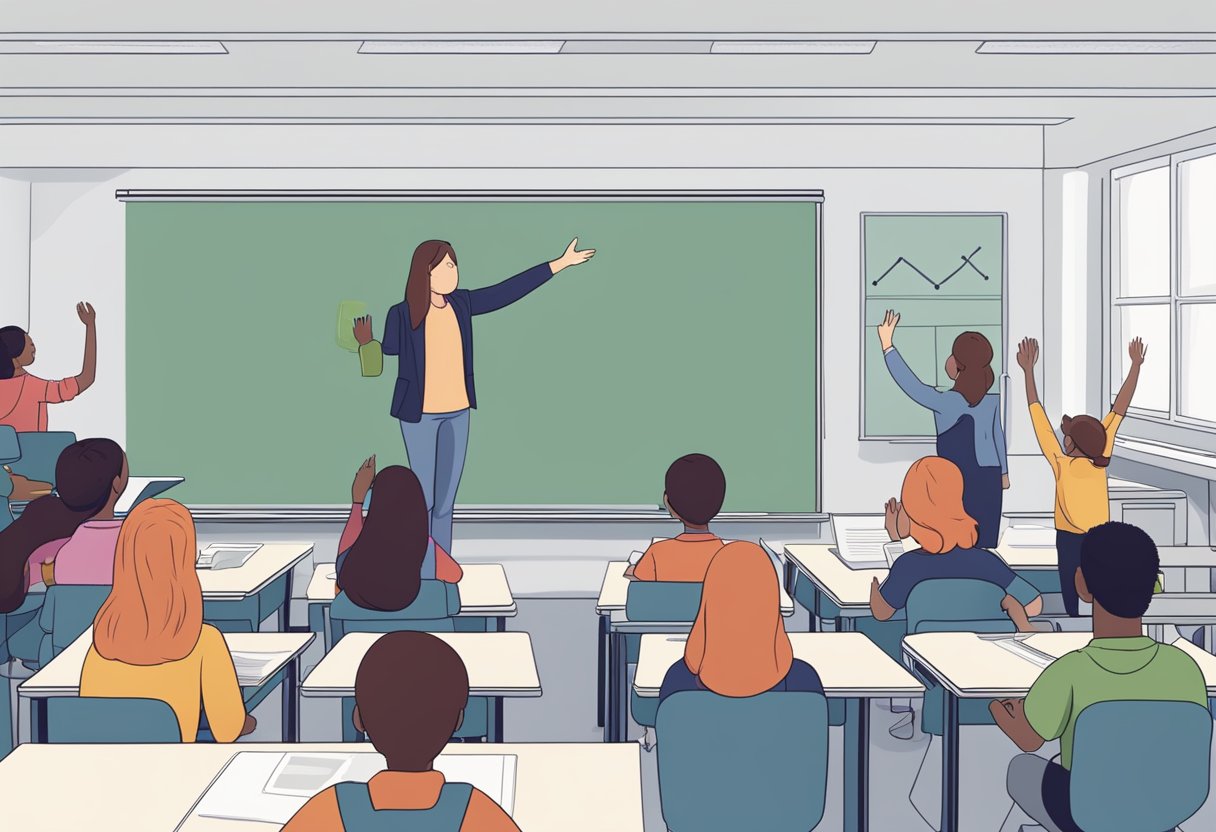 A digital classroom with a FAQ section on a computer screen, students raising hands, and a teacher explaining