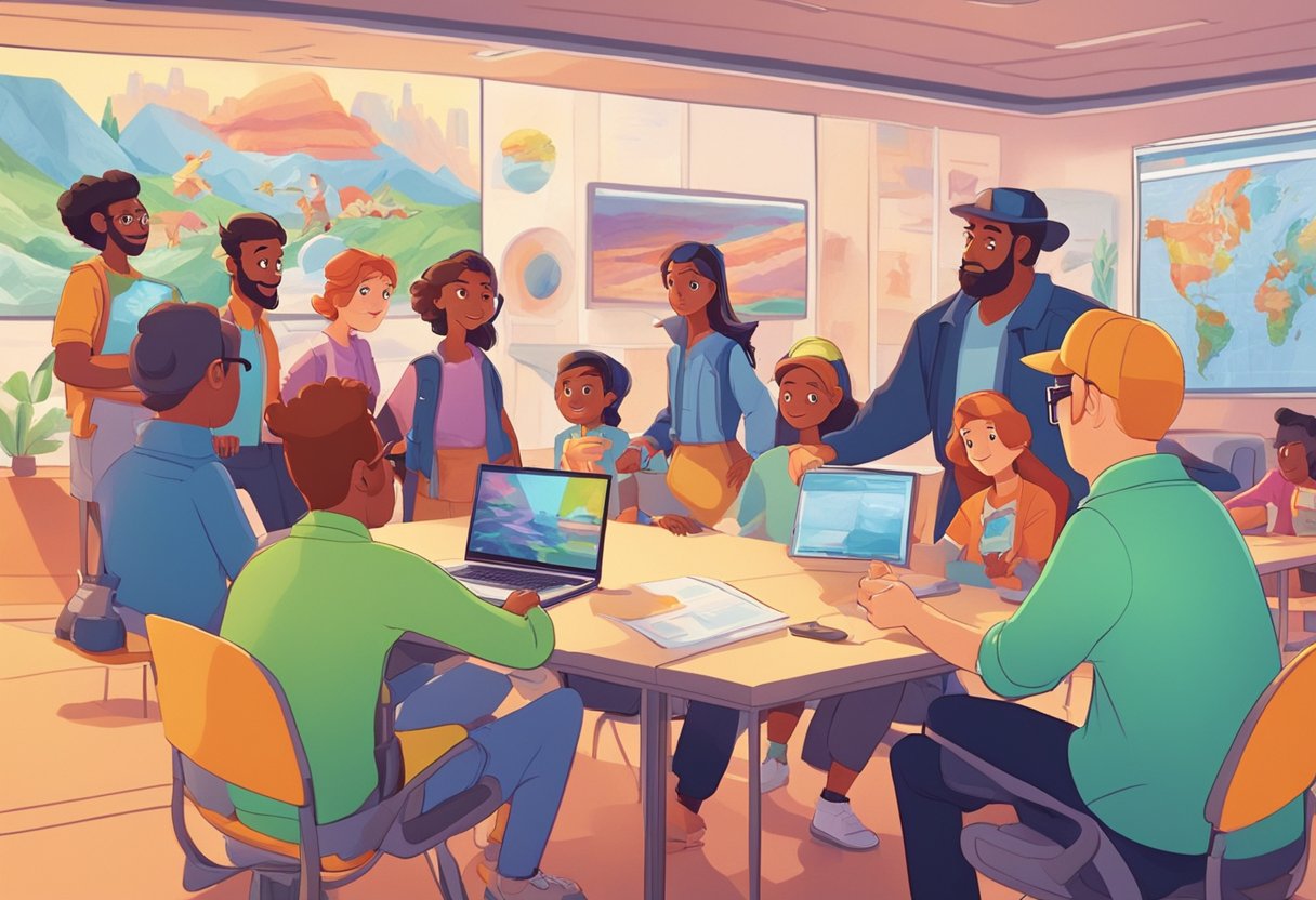 A group of animated characters gather around a large screen, pointing and discussing various animated scenes. Bright, colorful graphics adorn the walls, showcasing the work of different animation providers
