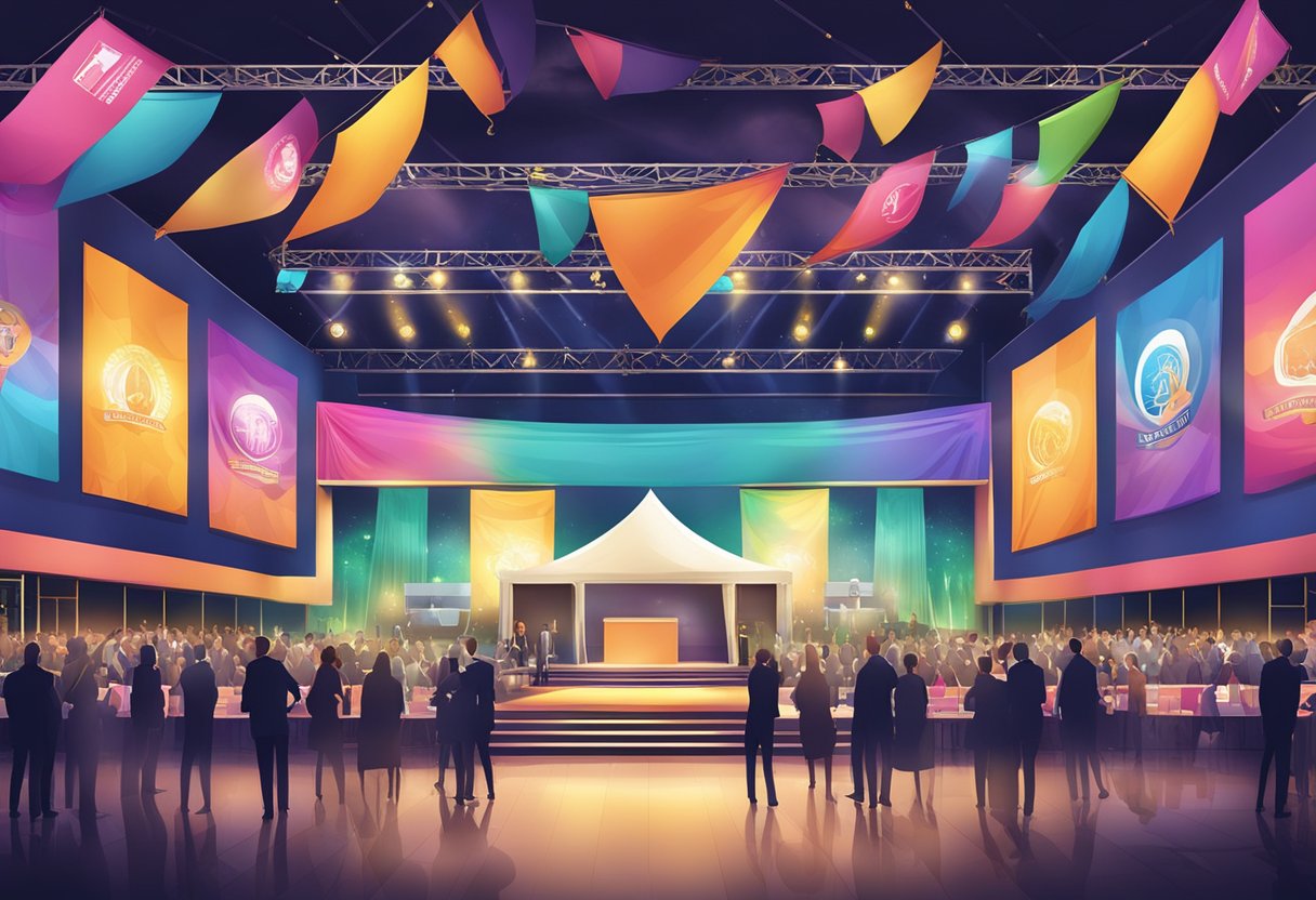 A bustling event venue with colorful banners and a stage, surrounded by animated corporate logos and promotional displays