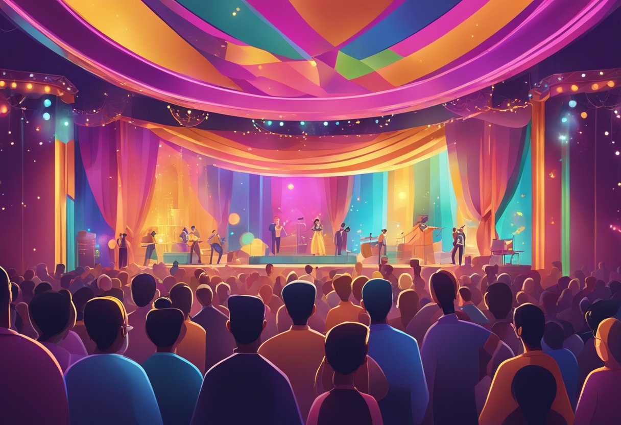 A colorful stage with vibrant lights and animated characters performing, surrounded by a captivated audience
