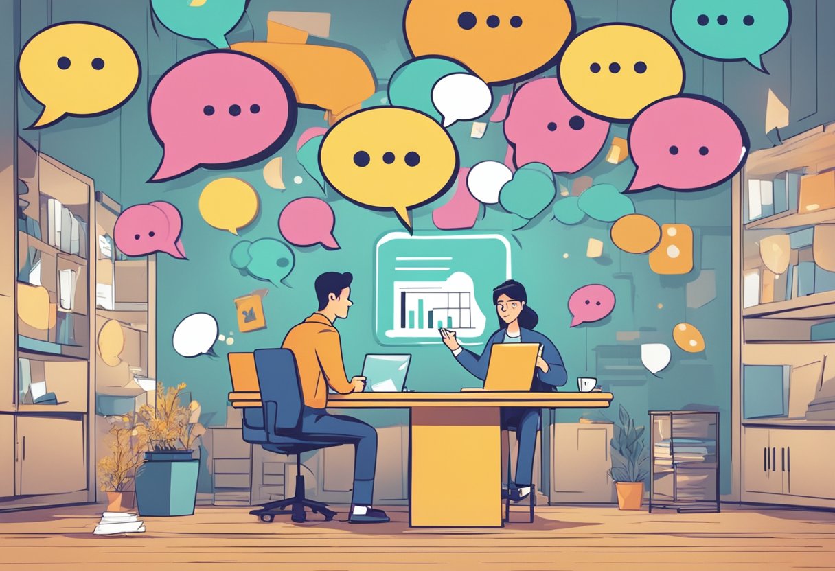 An animated character surrounded by speech bubbles with question marks, while a review rating system is displayed in the background