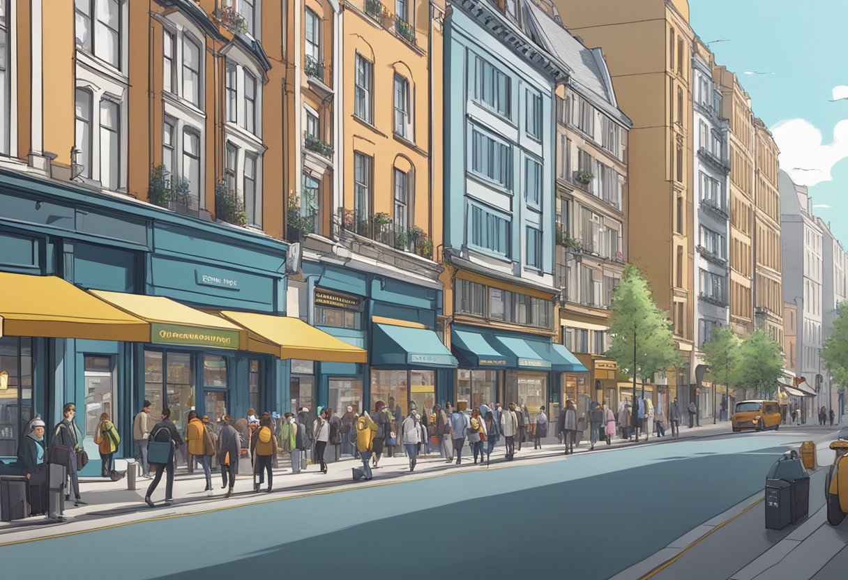 A bustling city street with various animation studios, each with unique signage and branding, showcasing the diversity of animation services available in the UK