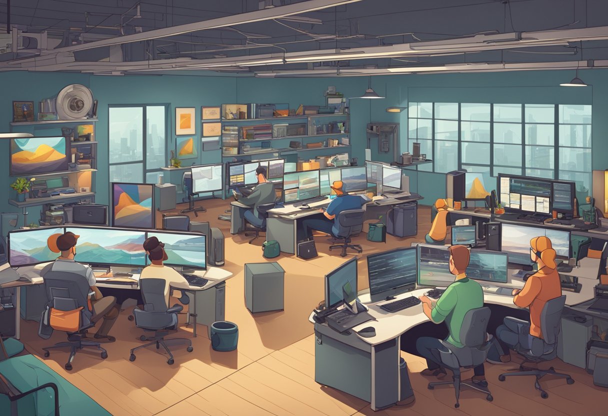 A busy animation studio with multiple workstations and artists collaborating on various stages of production
