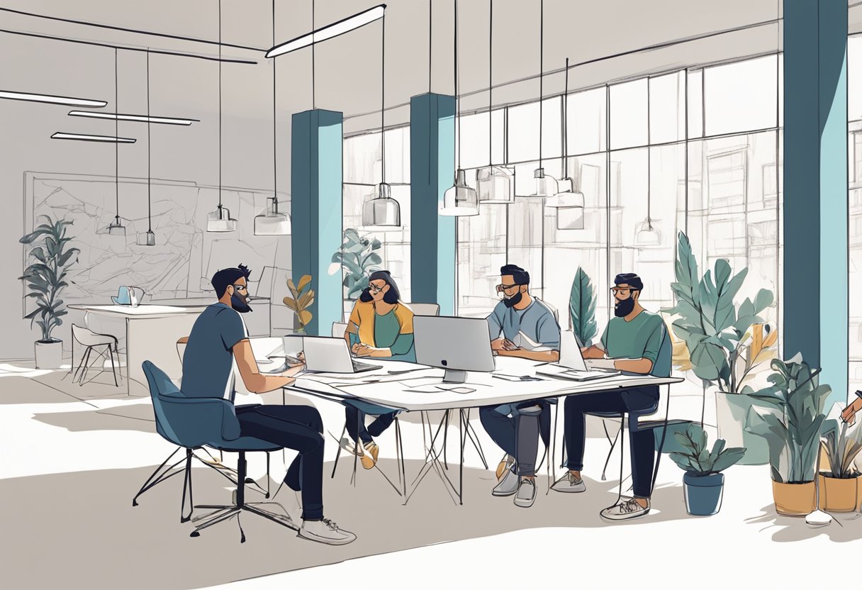 A group of designers collaborate on animation concepts, sketching and discussing ideas in a bright, modern studio space