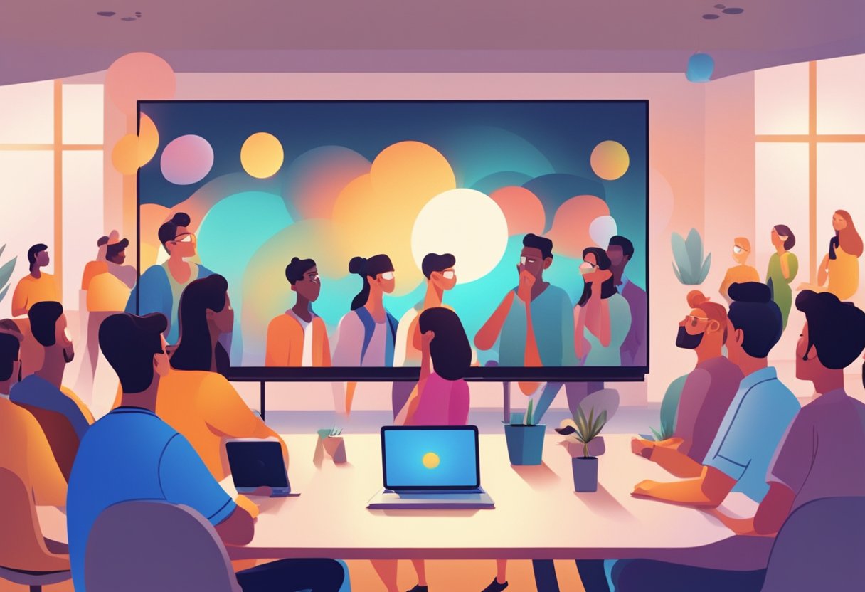 A group of people watching a captivating animated video on a large screen, their faces lit up with excitement and interest