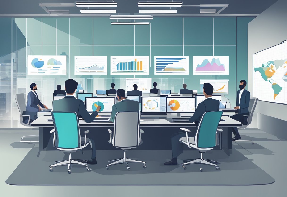 A sleek, modern office setting with multiple screens displaying animated graphics and charts. A presenter gestures towards the screens, engaging the audience