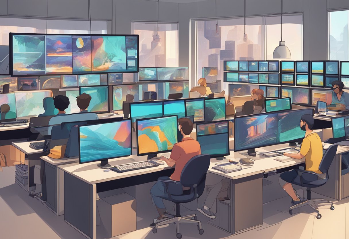A bustling animation studio with artists at work on storyboards and character designs. Computer screens show colorful, moving images