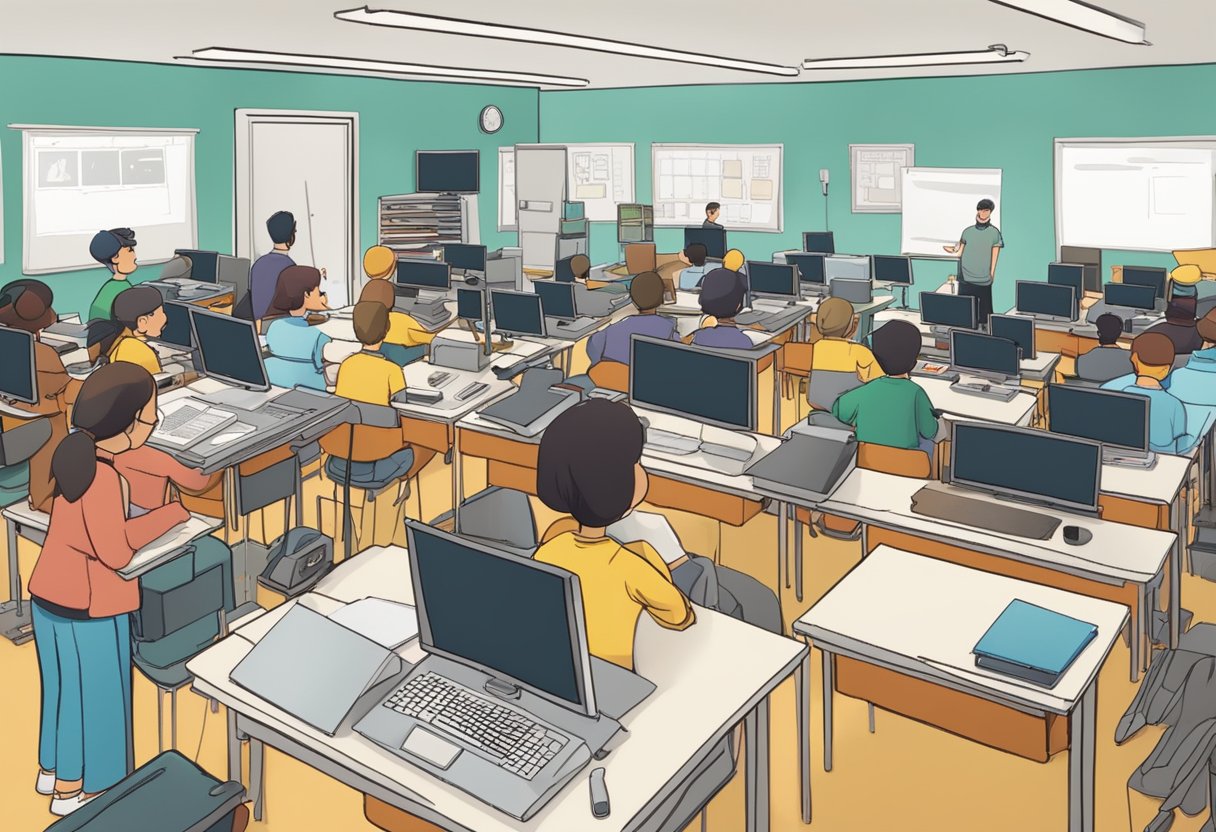 A classroom filled with animation production equipment and students receiving training from instructors