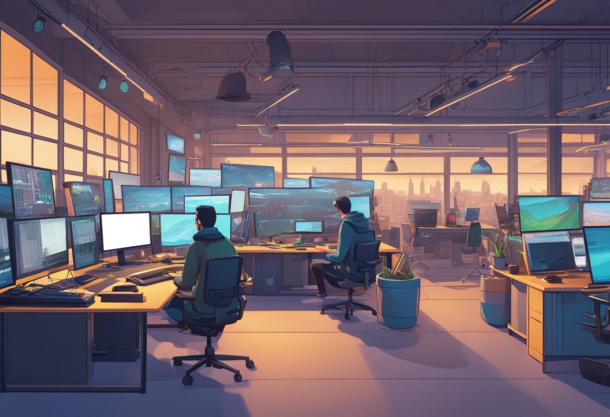 A bustling animation studio in the UK, with artists and technicians collaborating on vibrant, otherworldly digital landscapes for their latest production