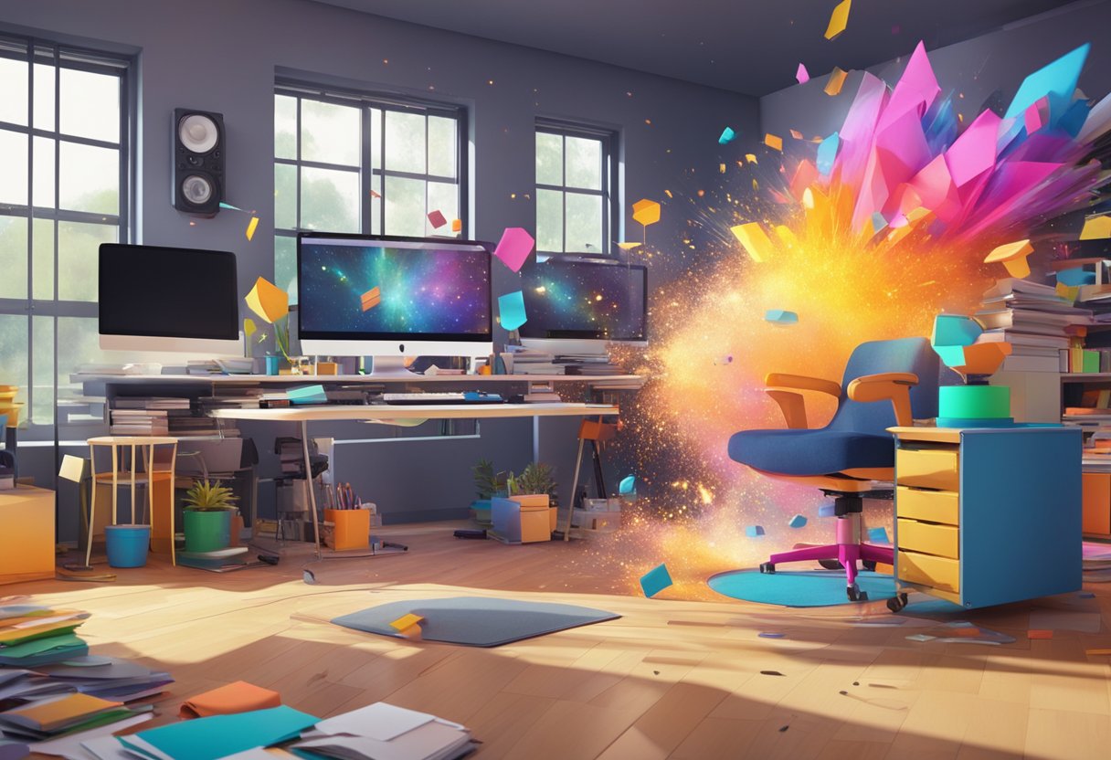 A dynamic explosion of colorful visual effects cascading across a versatile animation production studio in the UK
