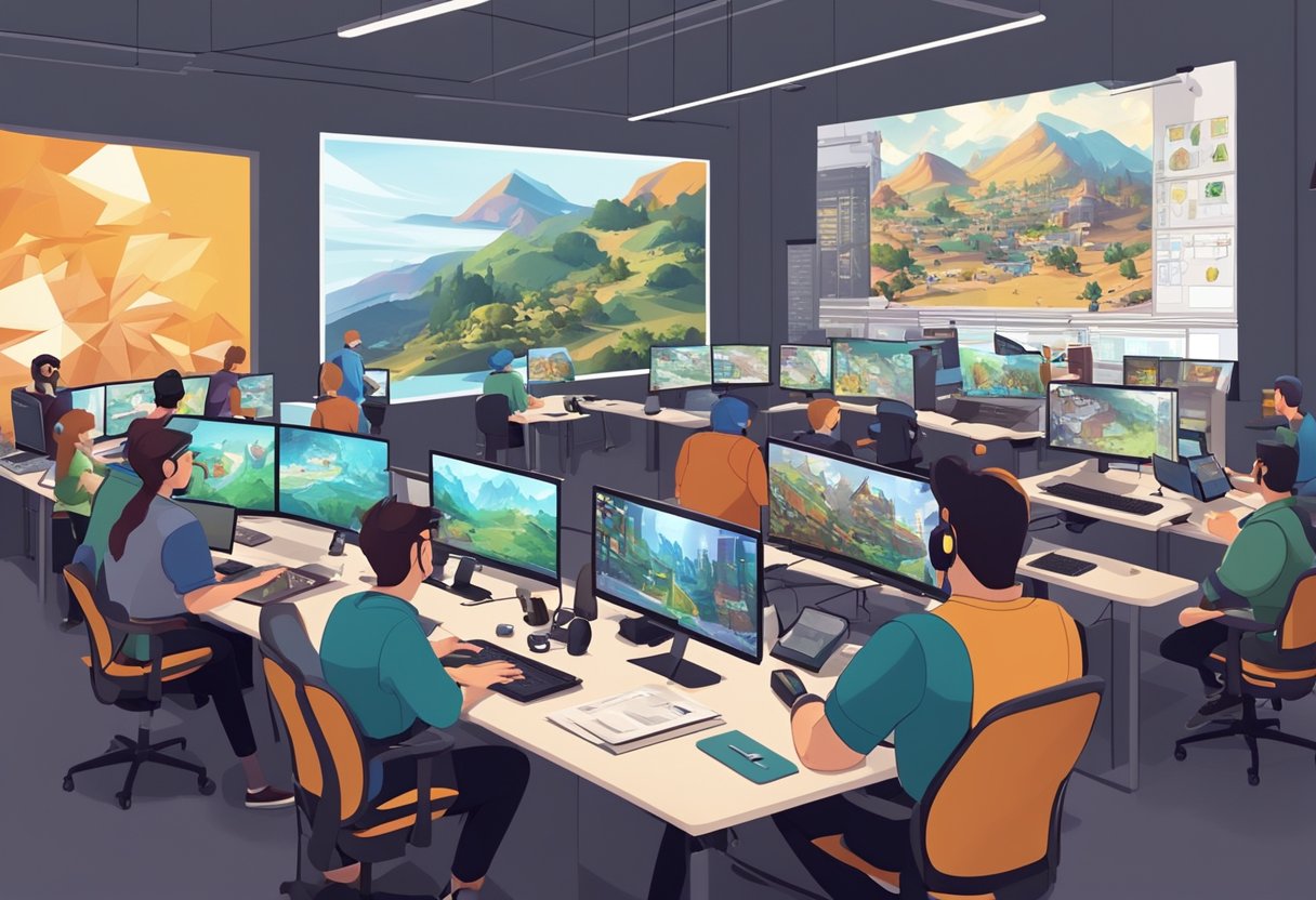 A bustling animation studio with gaming industry posters and concept art on the walls, animators working at their desks, and a large screen displaying a review of a recent production