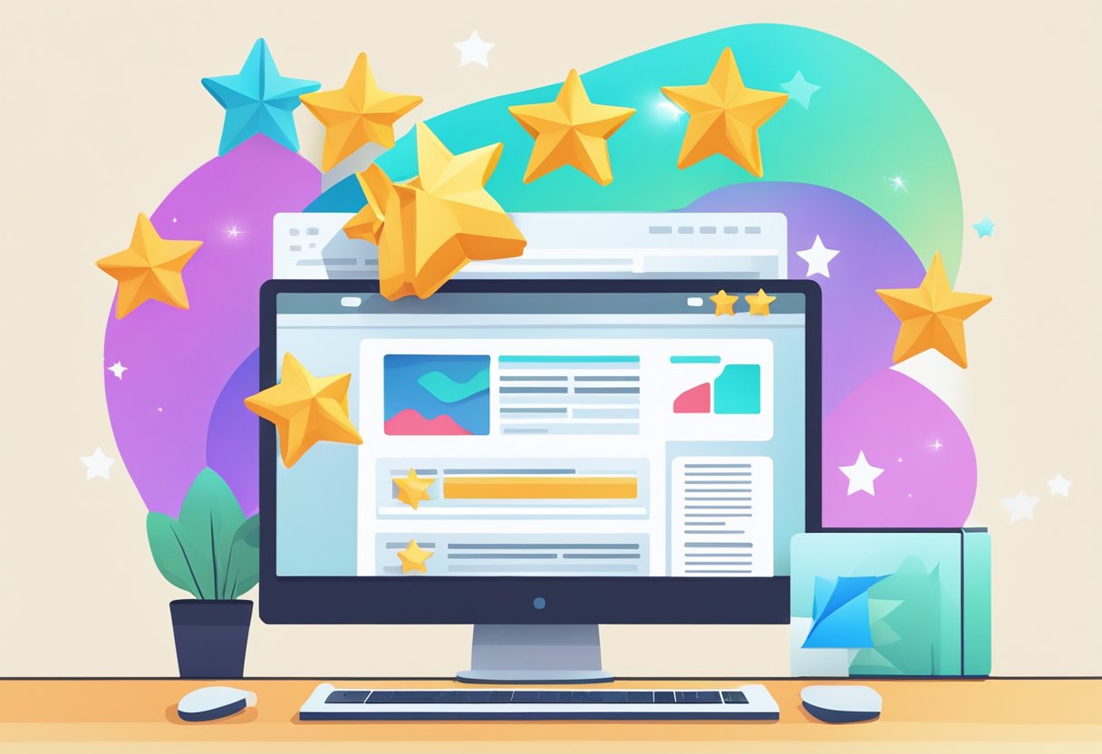 A stack of review stars floating above a computer monitor with a "Frequently Asked Questions" page open