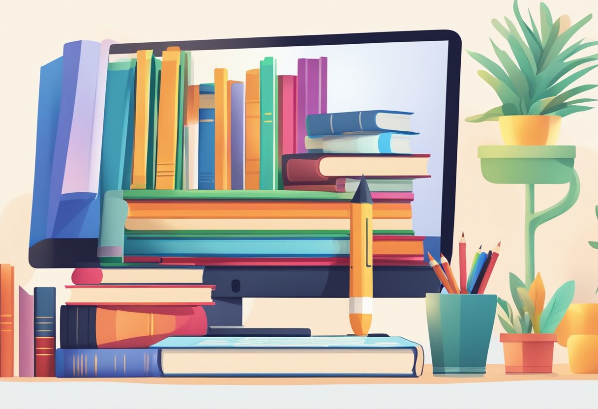A stack of colorful books and a computer screen displaying educational animations