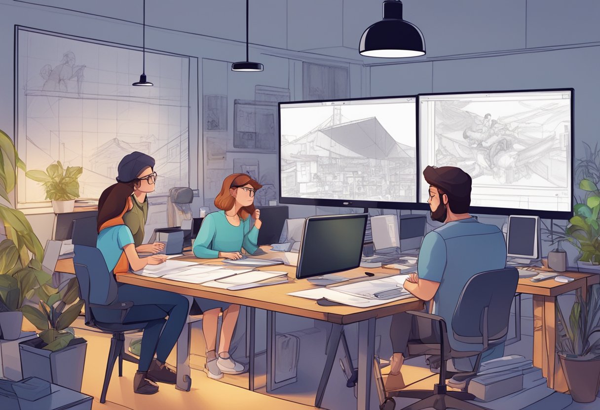 A team of animators collaborate in a studio, surrounded by computers and drawing tablets, working on character designs and storyboards