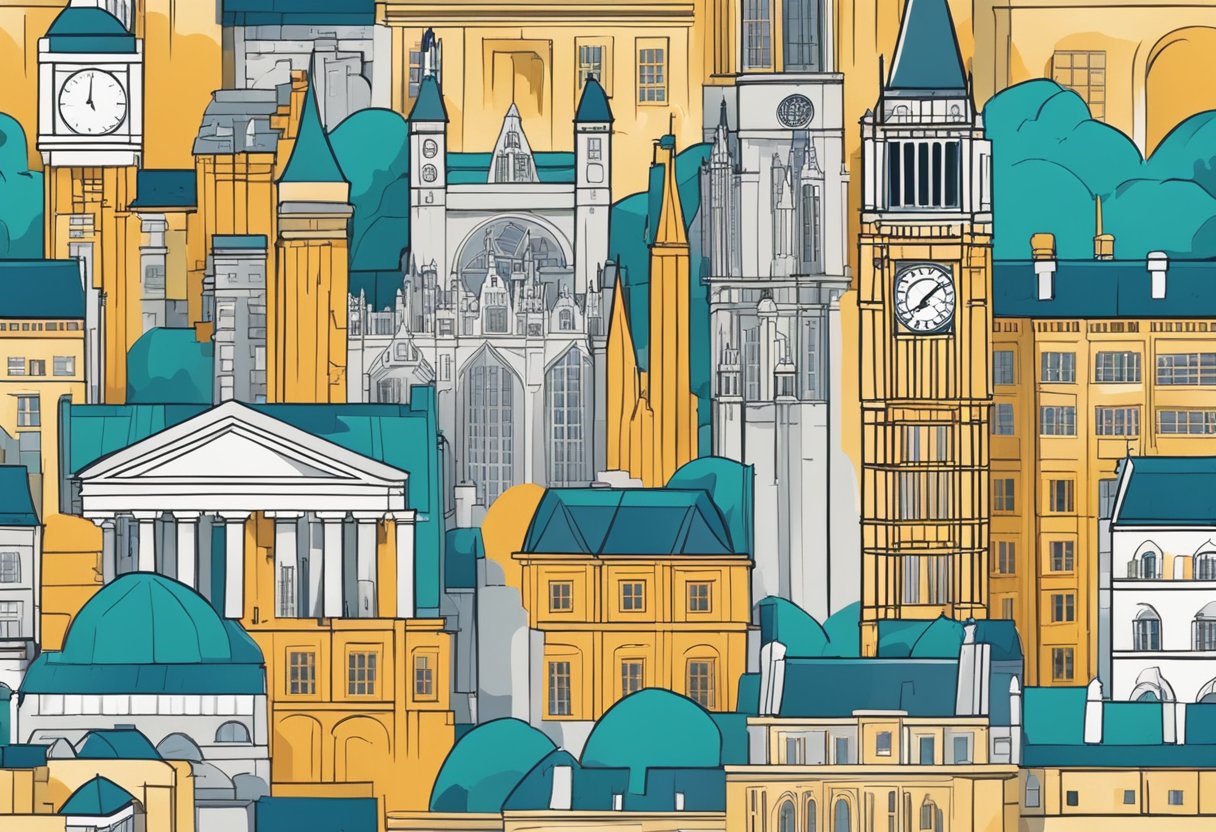 A bustling cityscape with iconic UK landmarks, surrounded by educational symbols and charts