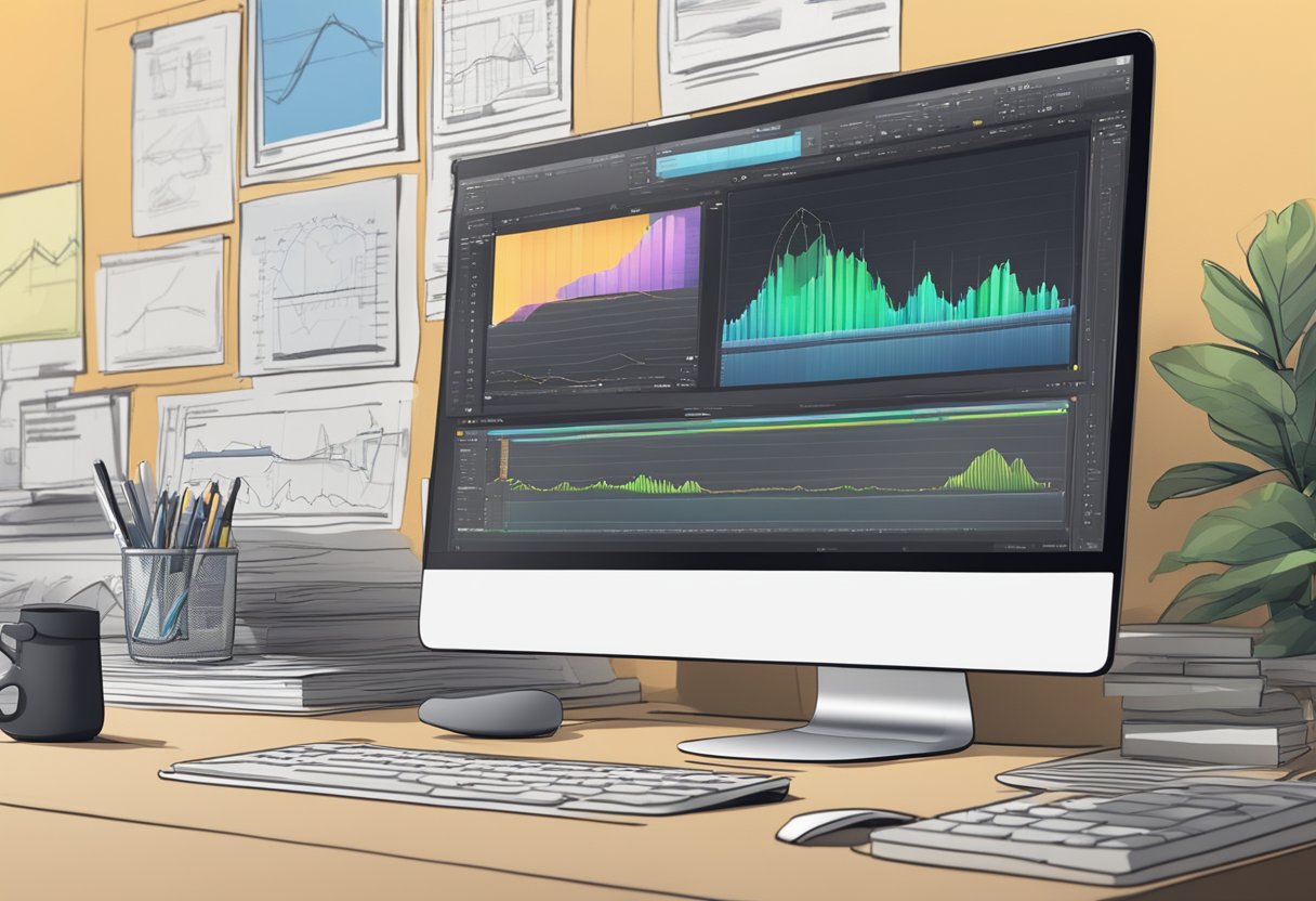 A computer screen displaying a detailed animation timeline with multiple layers and keyframes, surrounded by editing software tools and a stylus pen