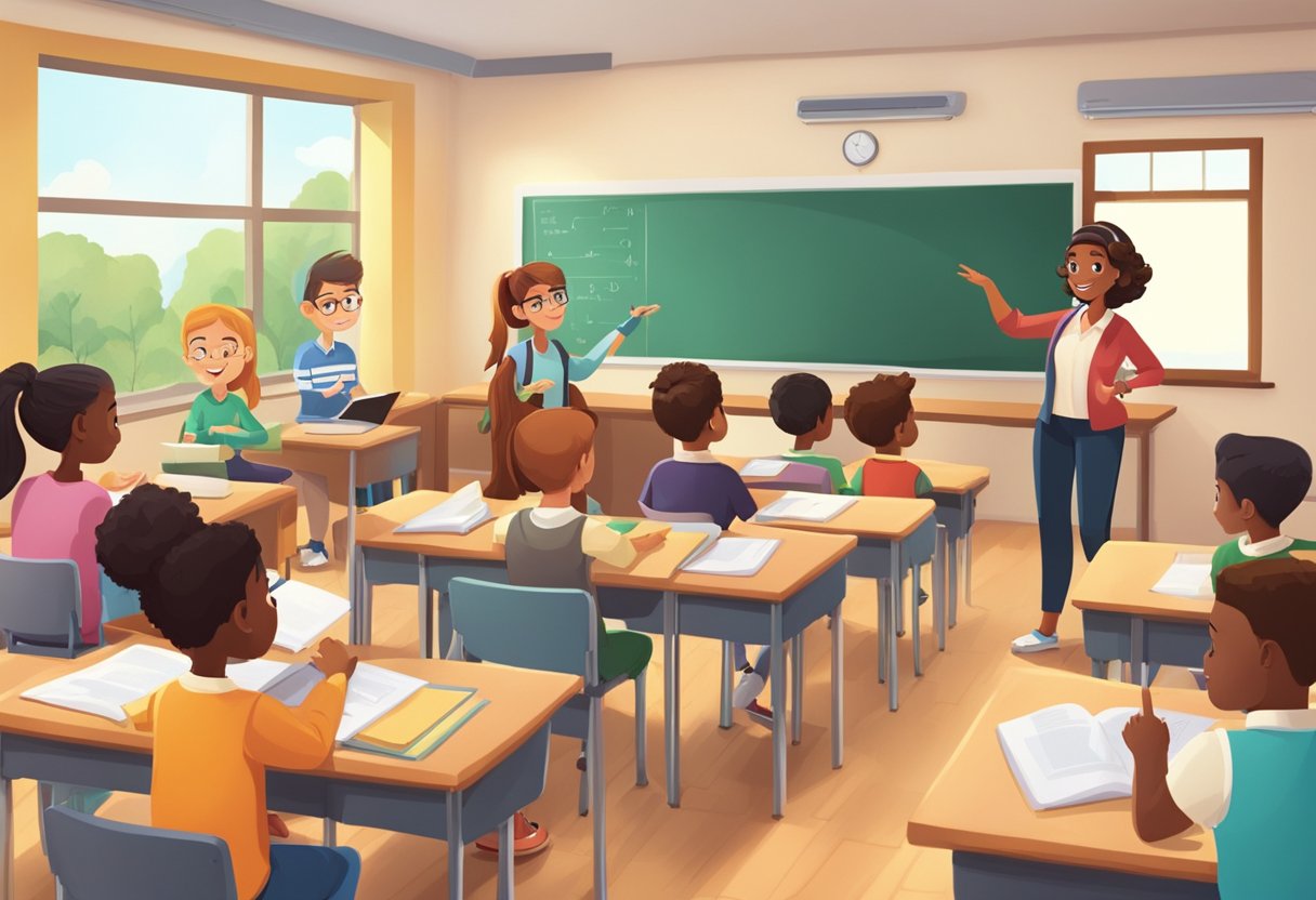 A group of animated characters in a classroom setting, with a teacher and students engaging in interactive learning activities