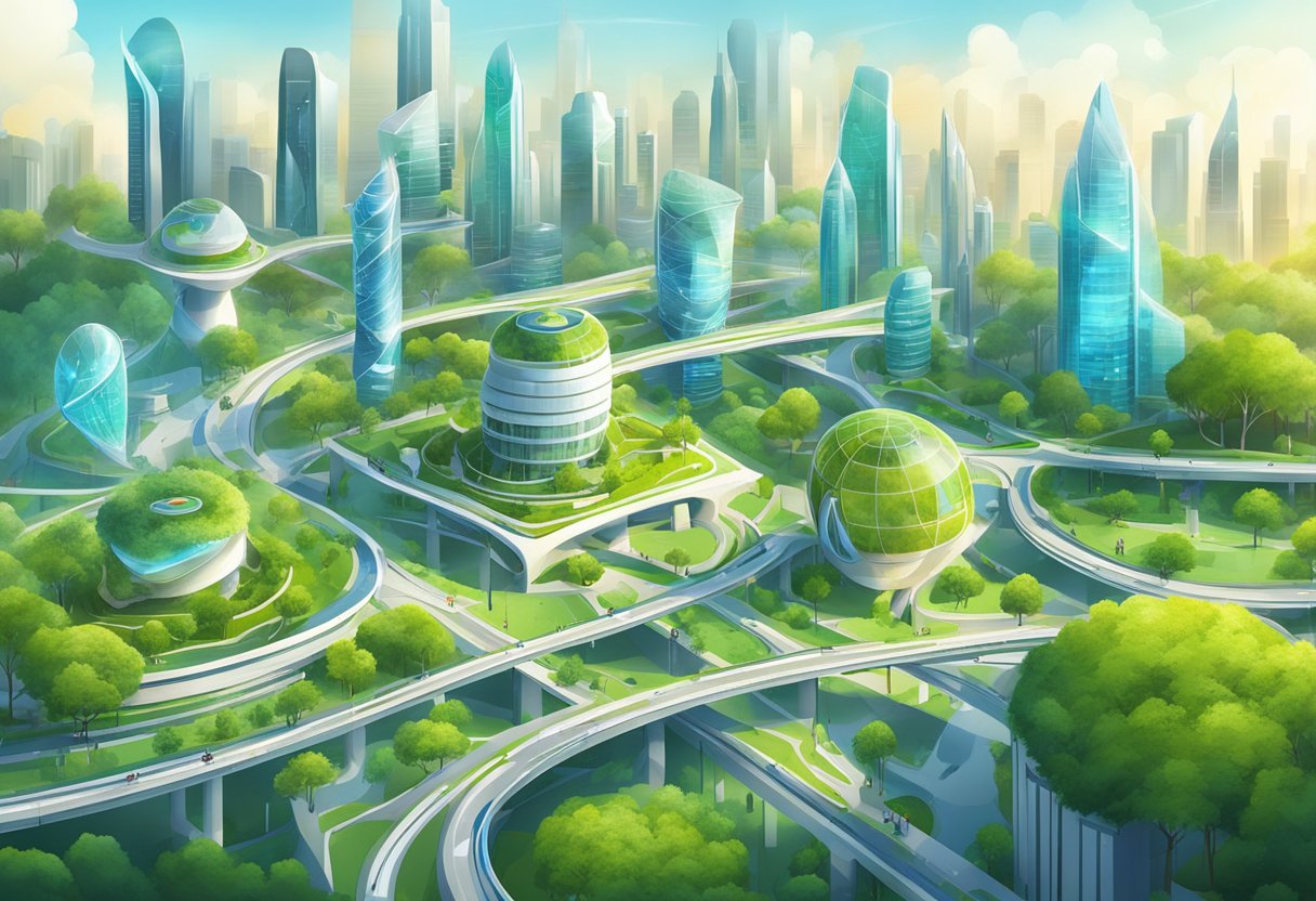 A futuristic cityscape with educational institutions and technology hubs interconnected by vibrant pathways and green spaces