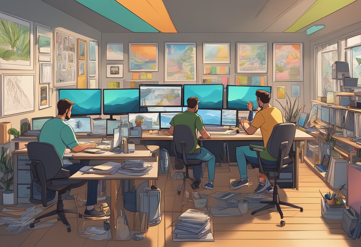A bustling animation studio with artists at work, surrounded by colorful storyboards and computer screens