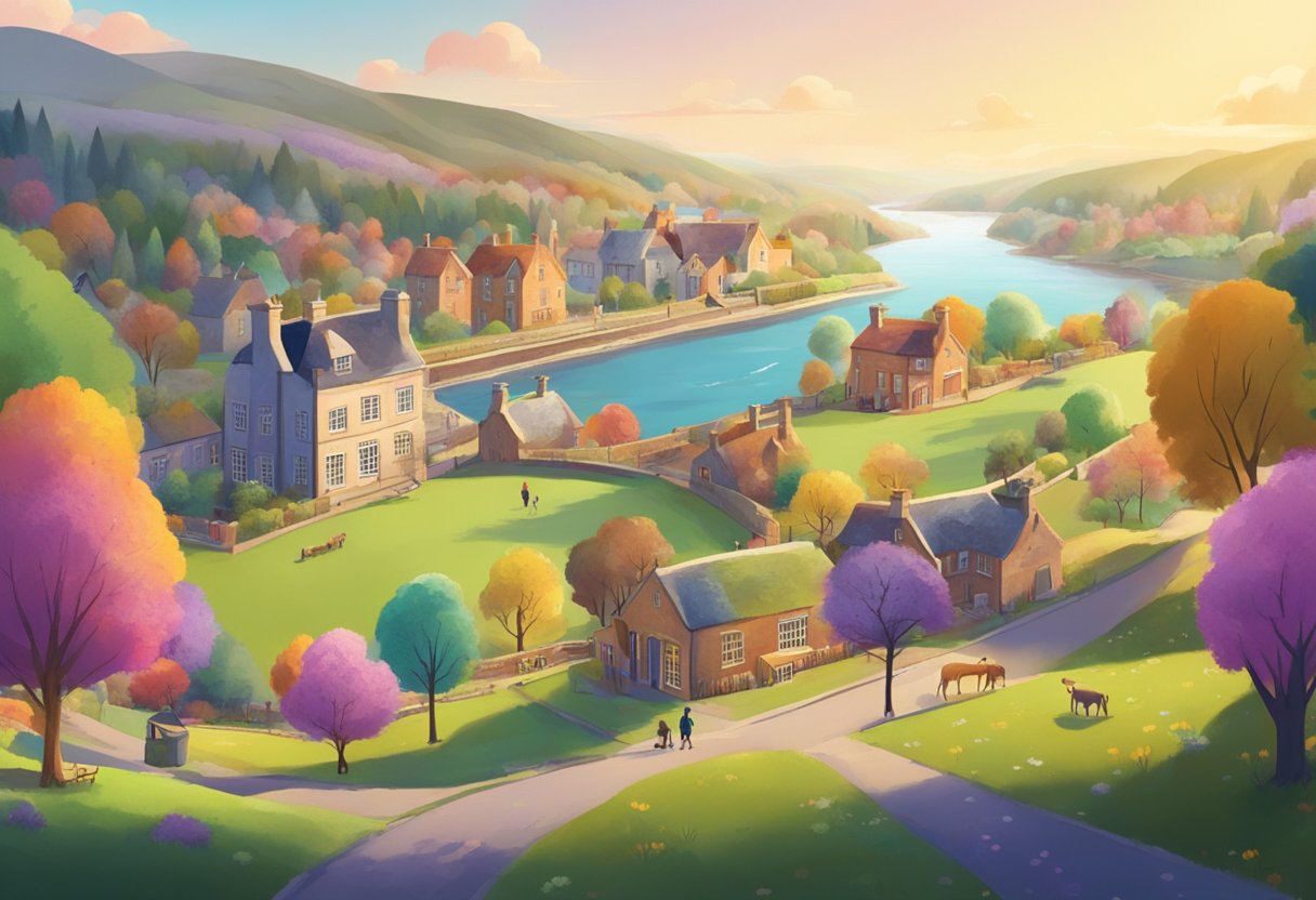 A colorful and engaging animation featuring educational content, set in a lively and diverse UK landscape