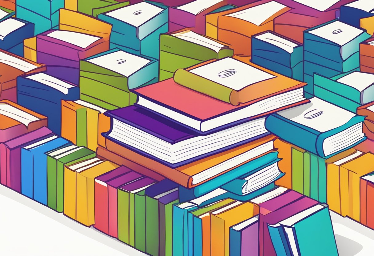 A stack of colorful books with a question mark hovering above them