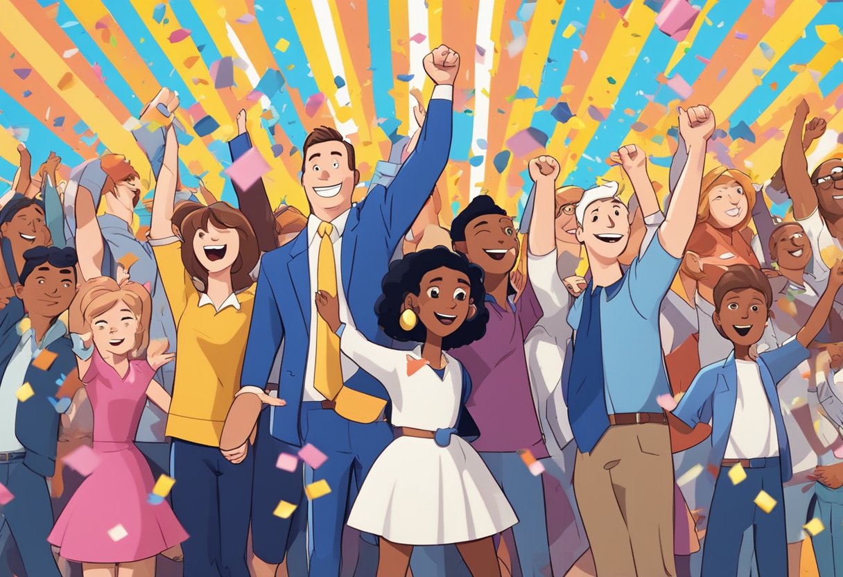 A group of iconic UK animated characters raise their arms in celebration, surrounded by confetti and streamers