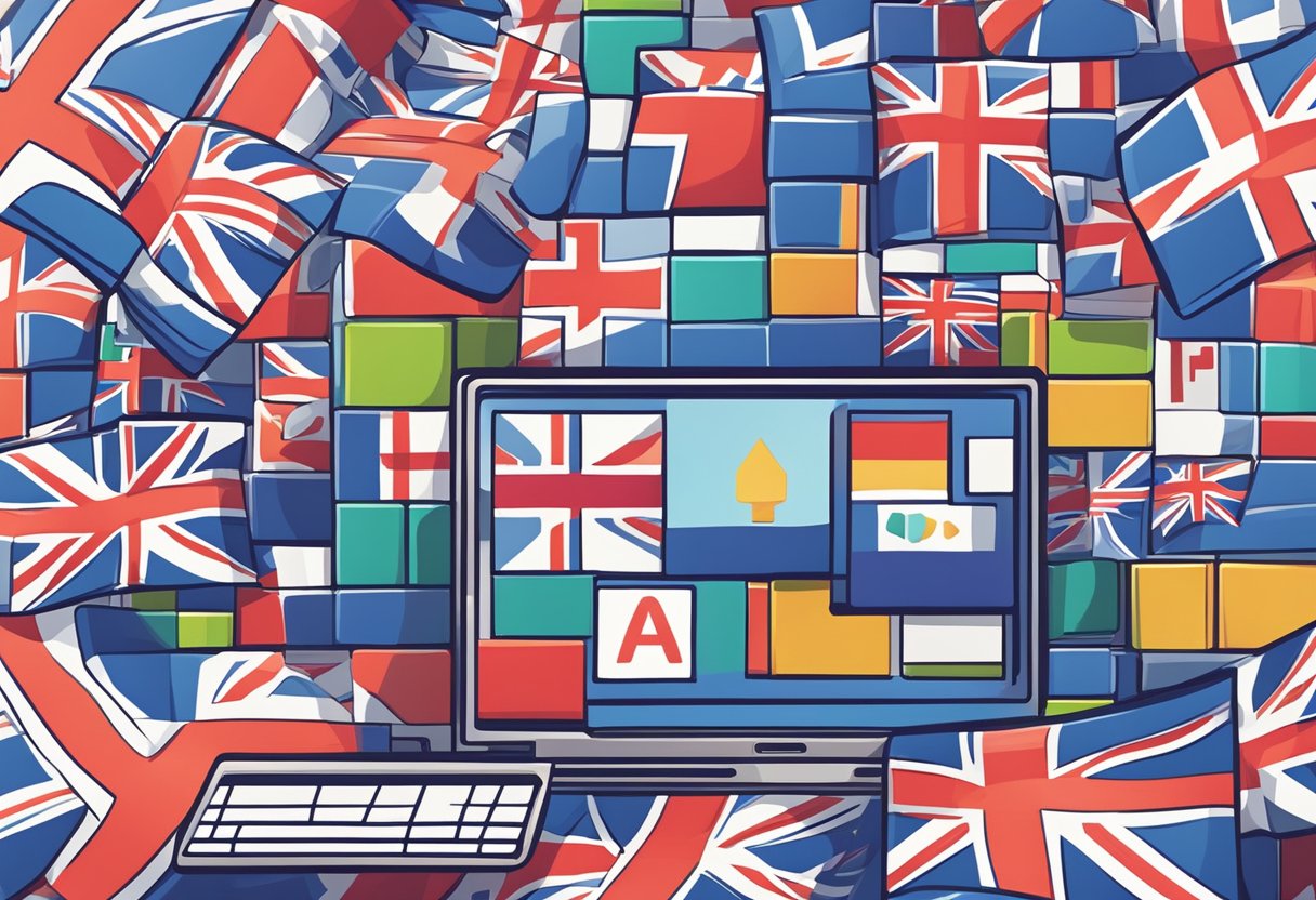 A computer screen displaying an animated sequence of FAQ icons and symbols, with a stylized UK flag in the background