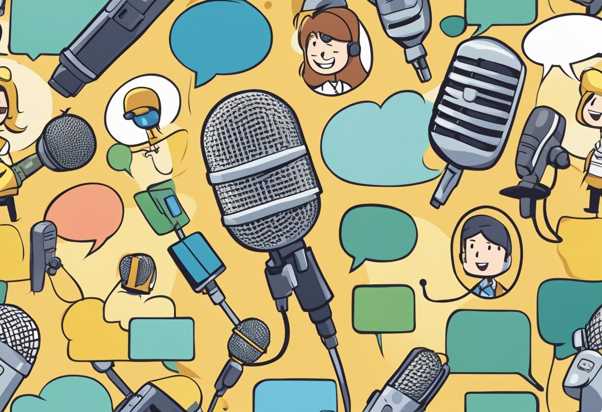 A microphone surrounded by animated characters with speech bubbles, each representing a different educational voice-over for an animated film
