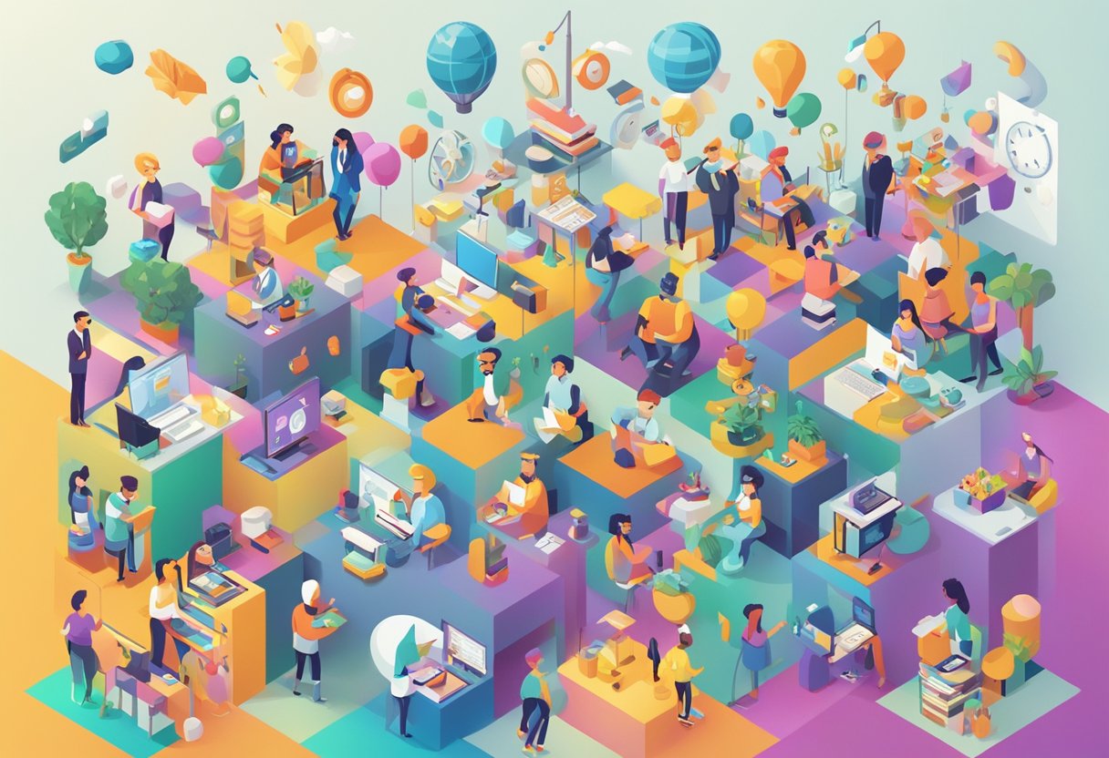 A colorful array of animated characters representing various animation styles, surrounded by symbols of different animation services