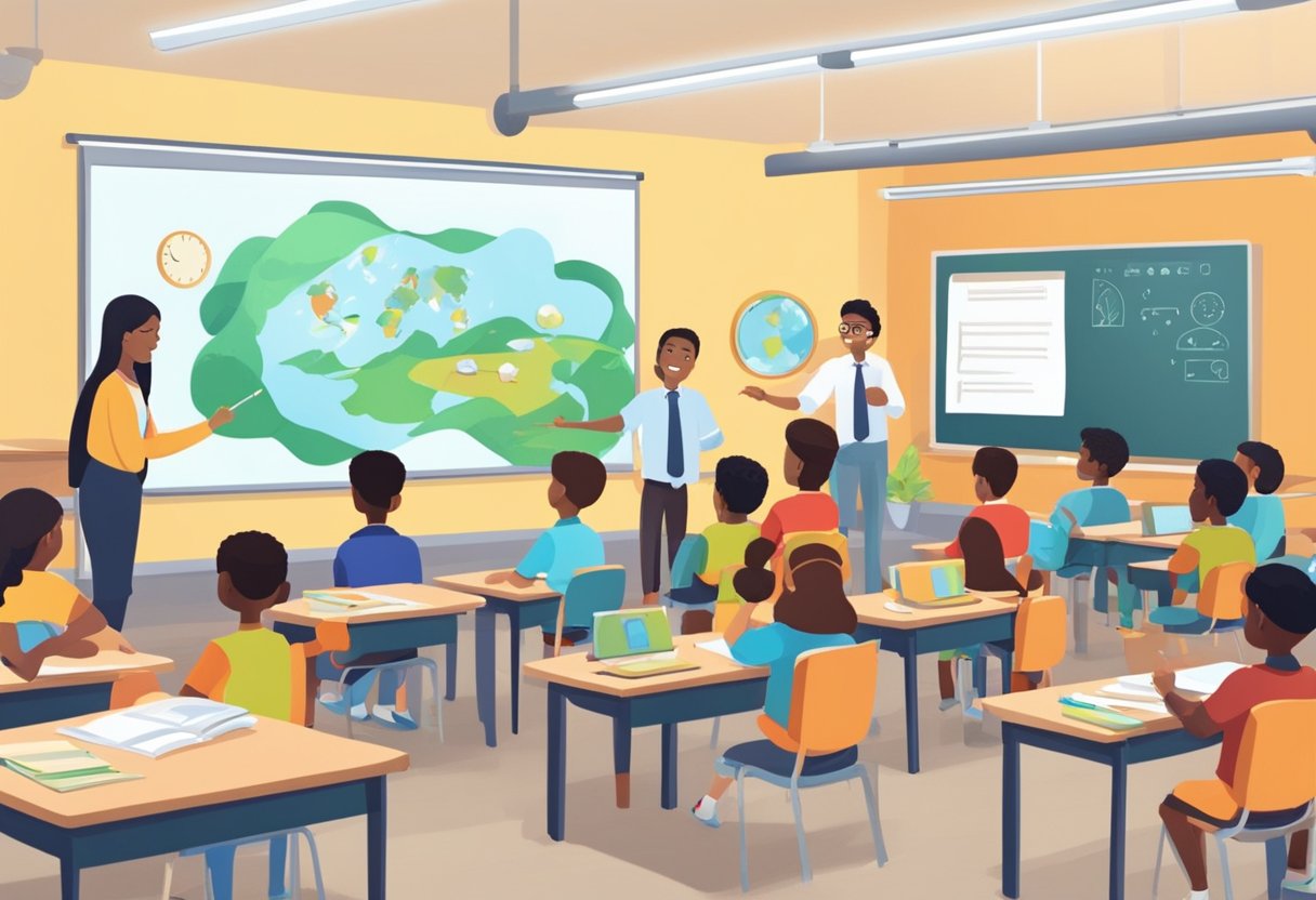 A classroom setting with diverse students engaged in interactive educational animations, while a teacher implements various ethical strategies