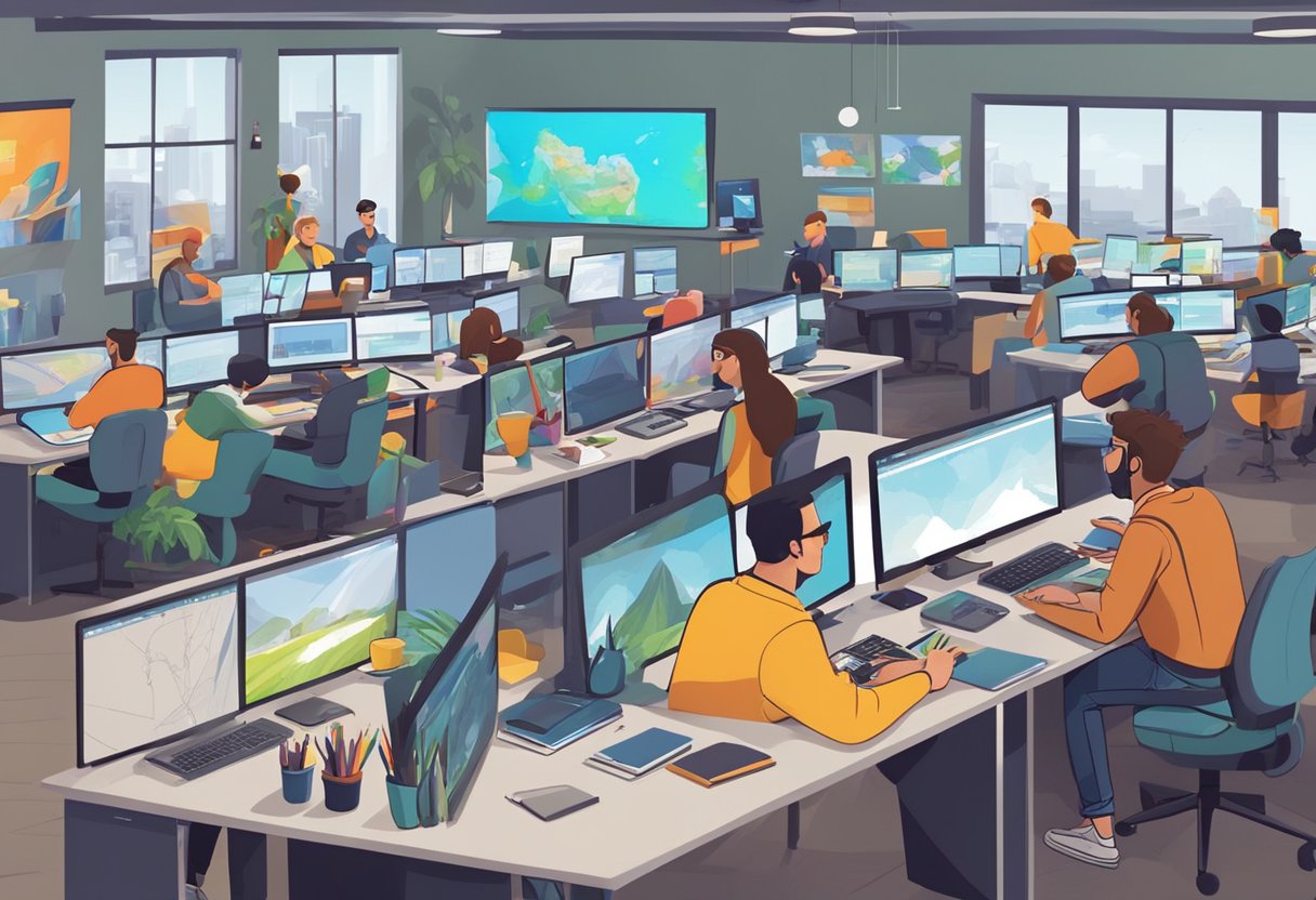 A busy animation studio with artists sketching, animating, and discussing ideas at their desks. Computer screens display colorful character designs and storyboards