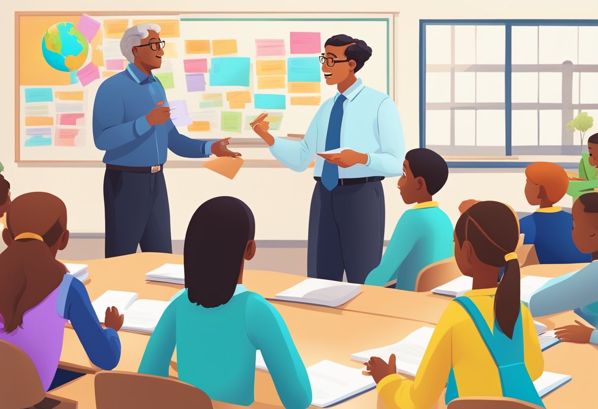 A colorful animated scene depicts a teacher-like figure transferring knowledge to a group of attentive, animated characters. The setting is bright and engaging, with a focus on the exchange of information